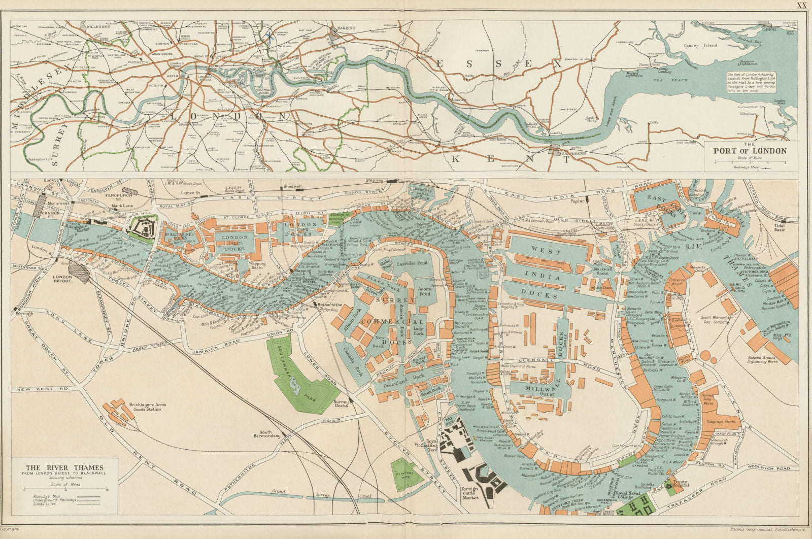 THE PORT OF LONDON showing wharves & docks. Thames. Vintage map. BACON 1934